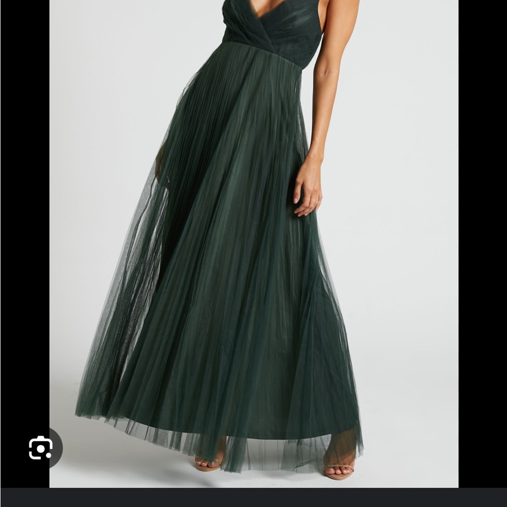 SHOWPO ALLANY MAXI DRESS - FAUX WRAP BODICE PLEATED TULLE DRESS IN EMERALD